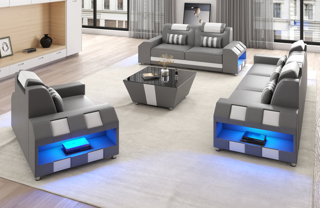 Cosmo LED Leather Sofa Set - Modern 3-Piece Living Room Set with Mood Lighting