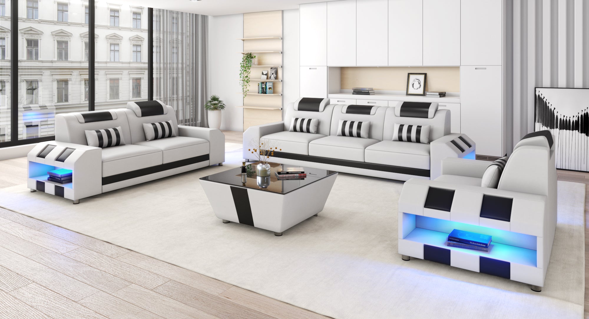 Cosmo LED Leather Sofa Set - Modern 3-Piece Living Room Set with Mood Lighting