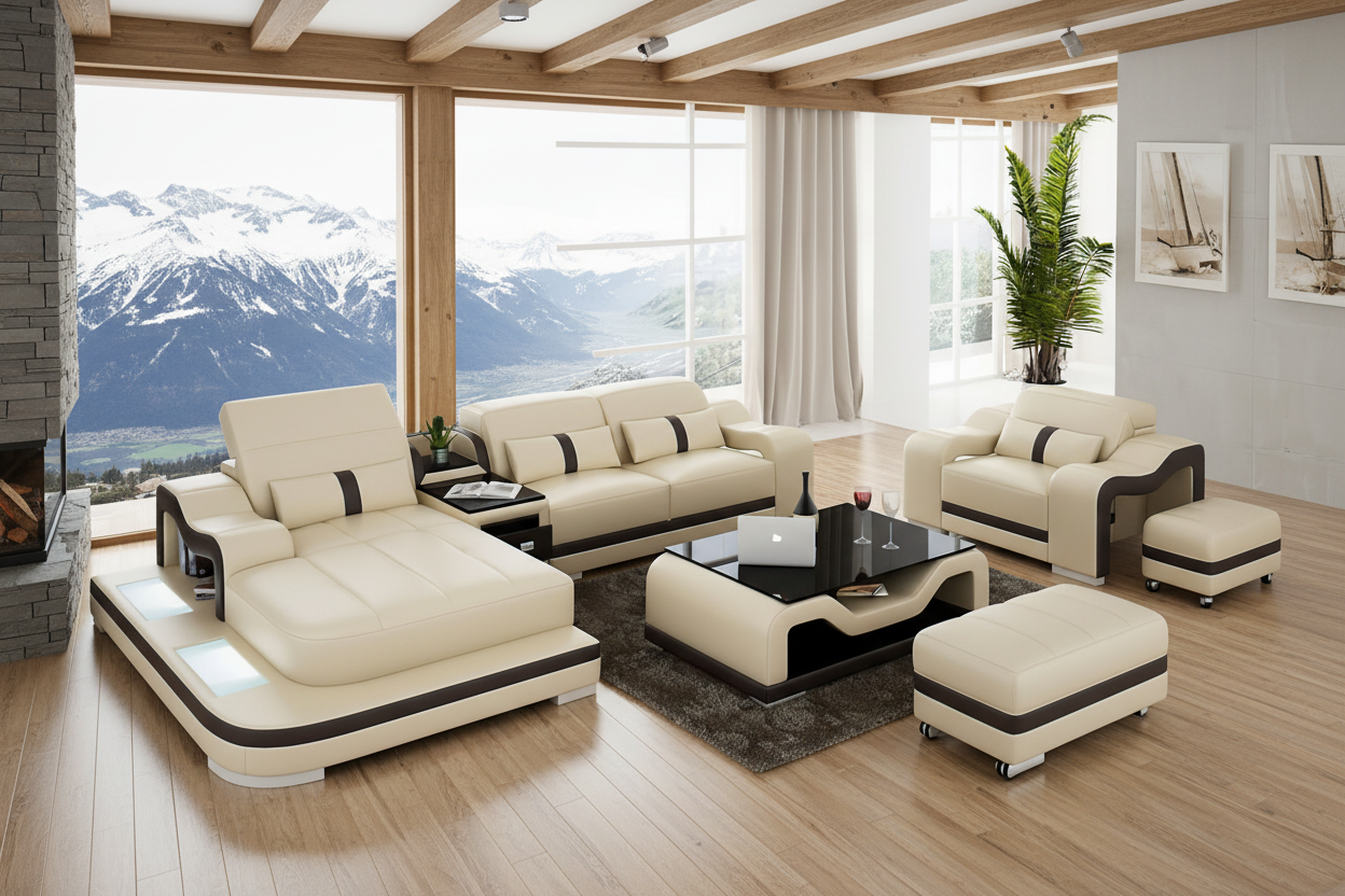 Bayard Leather Sectional With Ottoman - Swiss Alps Chalet