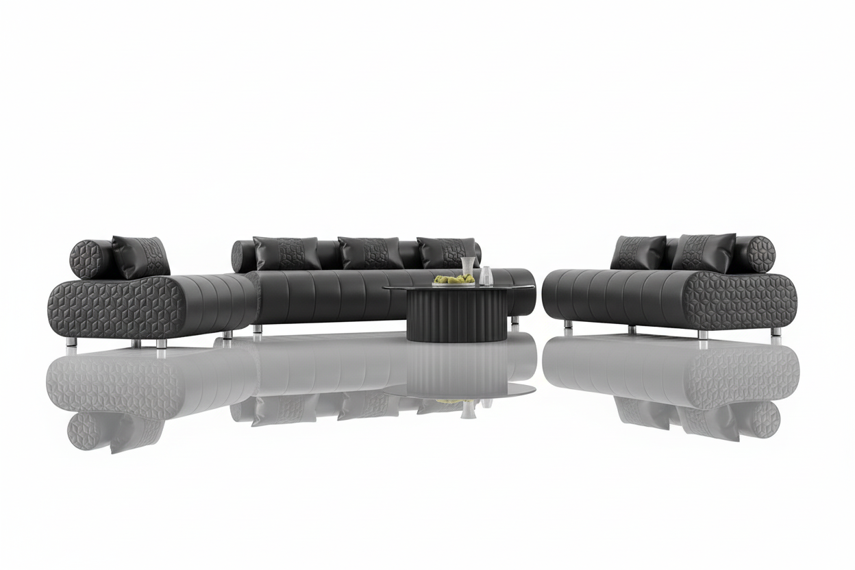 Puffer Modern Leather Sofa Set - Black Reflection